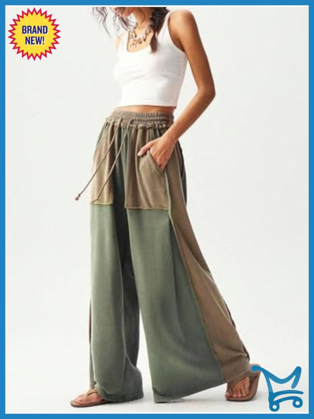 Colorblock Wide Leg Baggy Sweatpants High Rise Drawstring Palazzo Pants - Picture 3 of 6